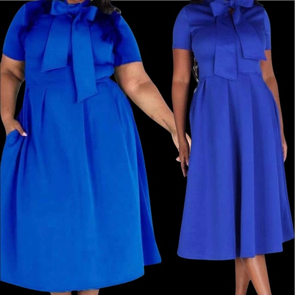 SOLD OUT: Solid Royal Blue Midi Flare Style Dress with Necktie, - Picture 11 of 13